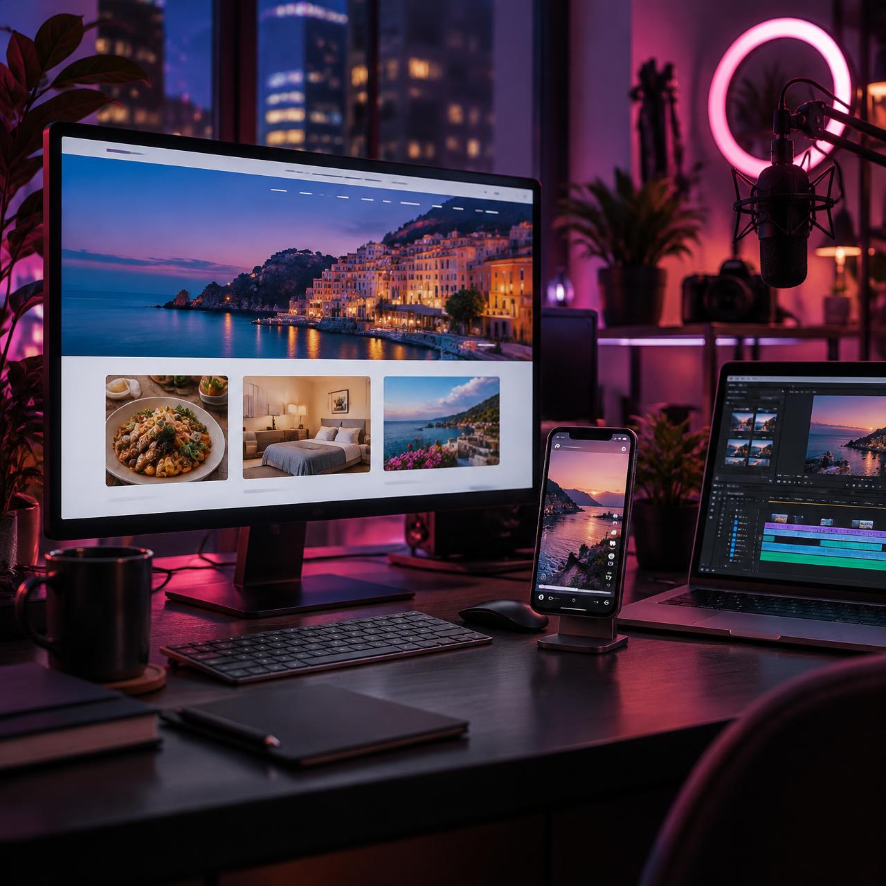 Creative studio scene with a website on screen, video editing equipment and a microphone